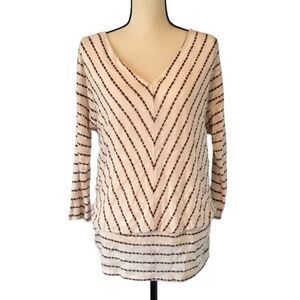Knox Rose Women’s  Sweater V-Neck Cream with Burgundy Brown Stripes Size Large